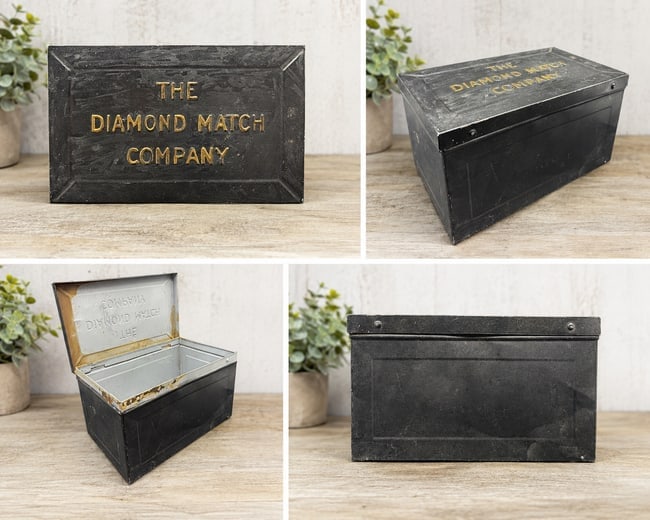 Antique THE DIAMOND MATCH COMPANY Tin Metal Hinged Box: Date/Period: unknown Dimension: Approx 8.75 x 5 x 5 Material: metal Additional Information: Antique THE DIAMOND MATCH COMPANY Tin Metal Hinged Box Shipping: Domestic: Flat-rate of $10.00 to anywhere
