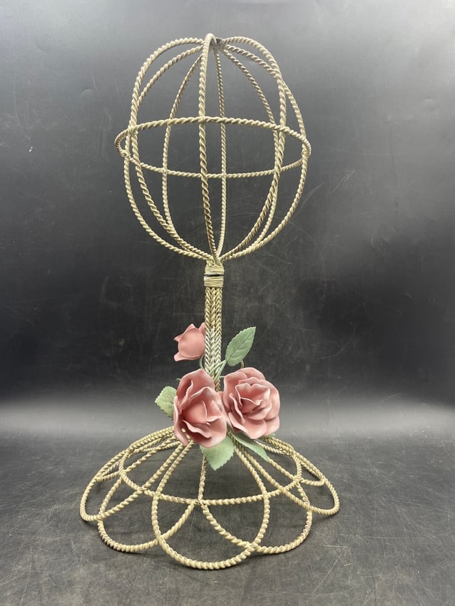 VTG Hat Stand Pink Roses Shabby Chic Cottage Wig Stand - 2
