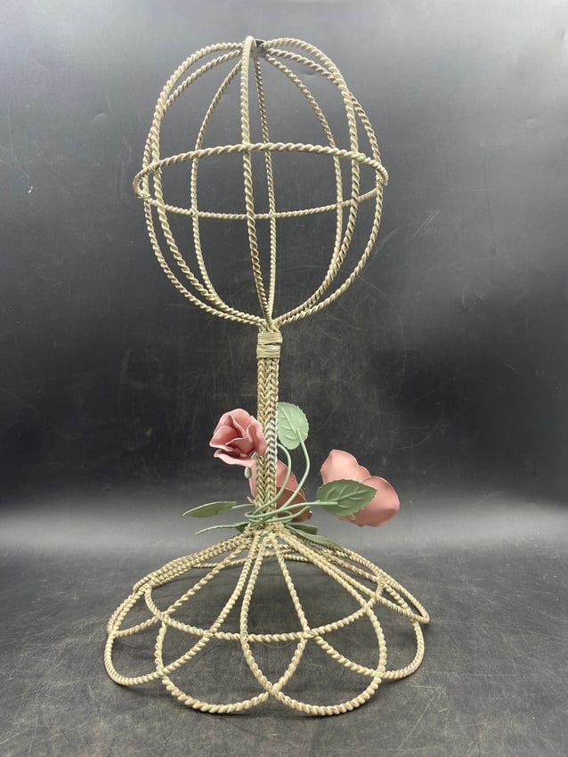 VTG Hat Stand Pink Roses Shabby Chic Cottage Wig Stand - 3