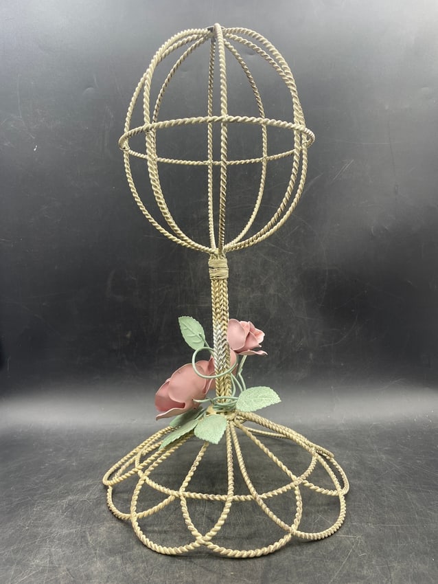 VTG Hat Stand Pink Roses Shabby Chic Cottage Wig Stand - 4