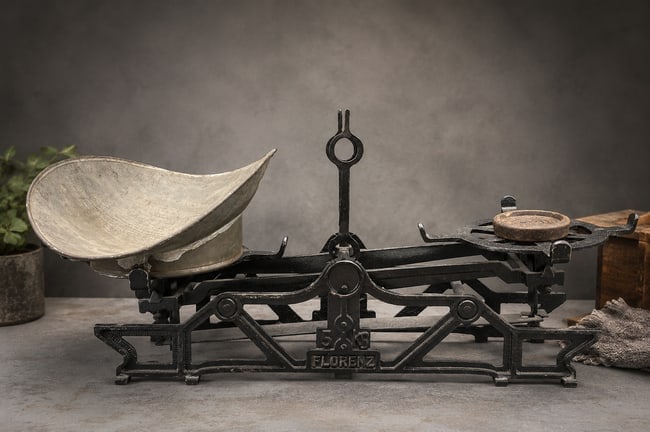 Antique J. Florenz Wien Austrian Cast Iron 5 Kg Merchant's Balance Scale with Original Scoop & 1/2: Date/Period: Early 1900s Dimension: Approx. 8.75"tall x 20" long x 8" Material: metal Additional Information: An impressive early 20th-century Austrian merchant's balance scale manufactured by J. Flor