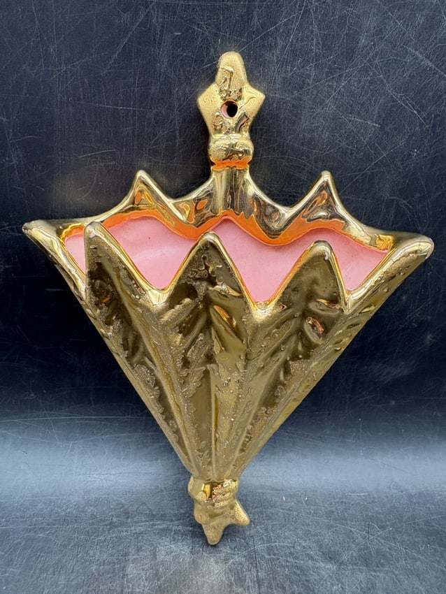 Vintage McCoy 24K Gold Wall Pocket Planter - Mid Century Modern Ceramic Vase, USA Pottery, Hollywood: Date/Period: 1950's Dimension: Height: ~9 inches Width: ~6 inches Depth: ~2 inches Material: ceramic Additional Information: Striking vintage McCoy wall pocket planter finished in a rich 24K gold glaz