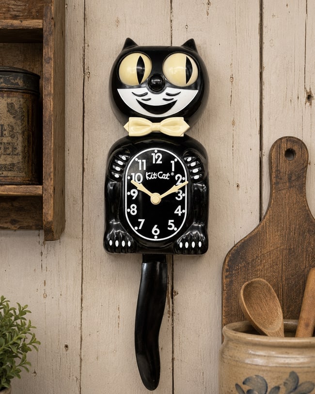 Vintage Working Kit Cat Klock Animated Eyes Tail Wall Clock USA: Date/Period: Late 1980s-1990s Dimension: Approximate measurements with tail attached: 15 x 4.25 x 2.5 inches. Material: mixed materials Additional Information: Vintage battery-operated Kit-Cat Klock
