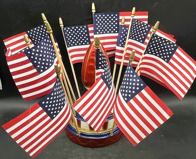 Folk Art Handmade Flag Holder and Flags Patriotic Artist Signed - 2
