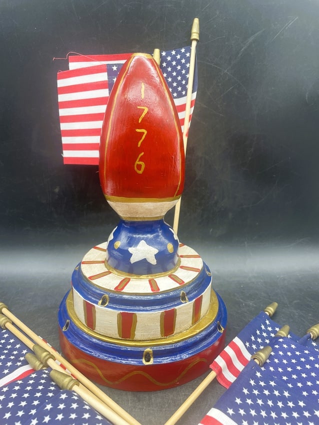 Folk Art Handmade Flag Holder and Flags Patriotic Artist Signed - 3