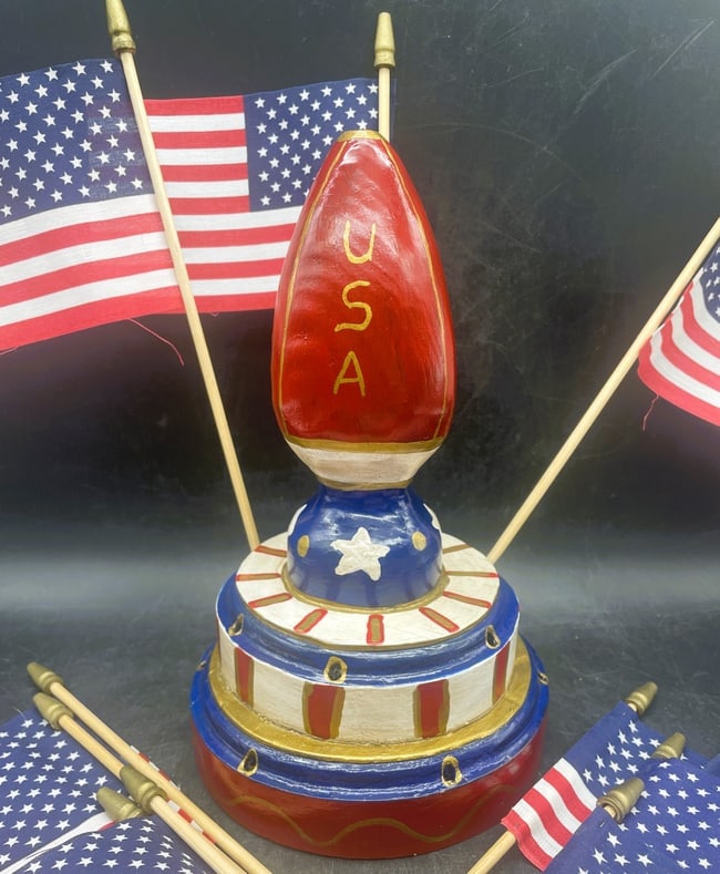 Folk Art Handmade Flag Holder and Flags Patriotic Artist Signed - 4