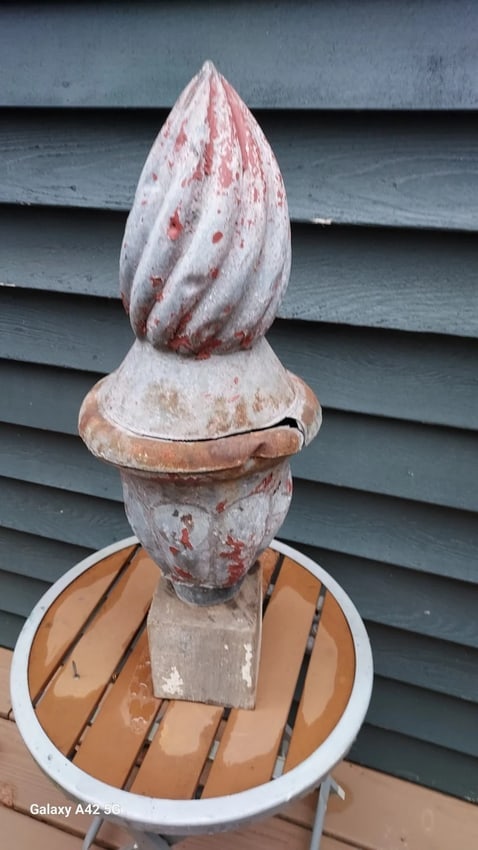 Antique finial Zinc Metal Exterior Flame 20" tall: 19th century roof finial. In good condition but has some cracks but solid. I made the base from old wood and a limb from a tree. Approximately 20" tall. 27" total with stand. Shipping costs include