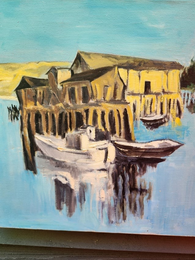 Ships Oil painting 1950 Houses In Background South American: Great looking piece in excellent condition. Great colors. Nice detail Measures 16 x 20" overall . Shipping: Domestic: Flat-rate of $30.00 to anywhere within the contiguous U.S. International: Foreign 