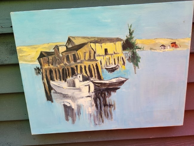Ships Oil painting 1950 Houses In Background South American - 2