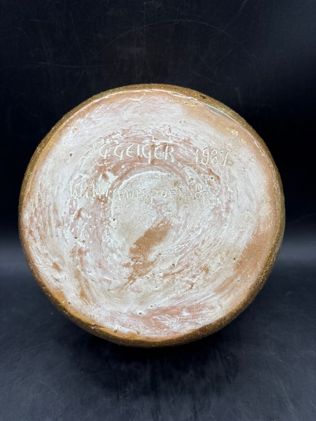 Mid Century Studio Pottery Bowl Signed G. Geiger 1967 Williamsport PA Brown Drip Glaze Stoneware - 5