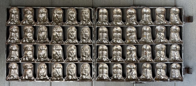 Rare Antique Cast Iron Chocolate Mold Hinged 48-Piece Figure Mold Continental European Confectionery - 2