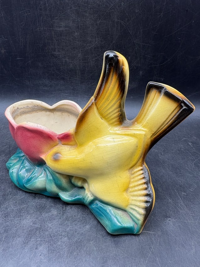 Vintage McCoy Bird Planter Yellow Green Red Tulip Mid Century Pottery USA - 2
