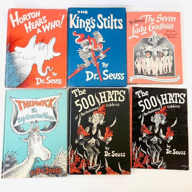 5 1/2 Dr Seuss Ecclectic Hardcover Collection: Dr. Seuss's The Seven Lady Godivas: Re-issued by Multitudios Demand the True Facts Concerning History's Barest Family 1987 1st Edition Hard Cover with Dust Jacket Excellent condition The 500 Hats Of