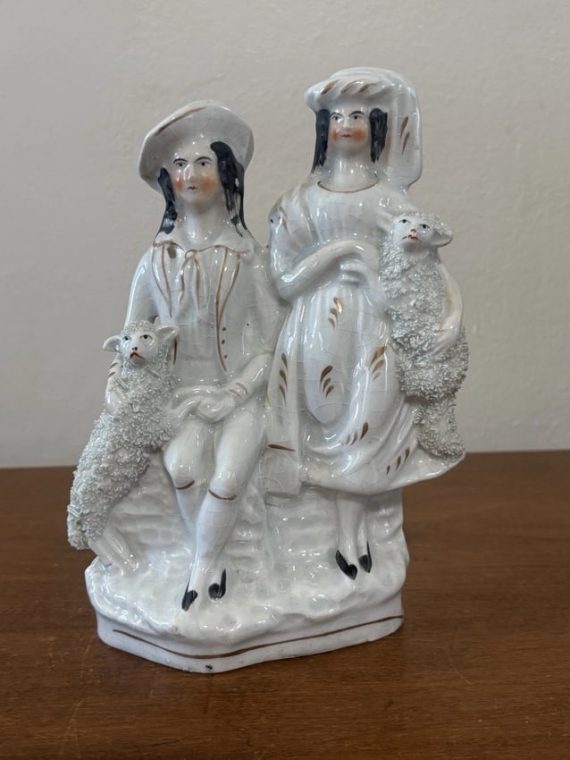 Staffordshire Figure W/ Sheep: It measures 7 3/8" x 5 1/4" and dates around 1900. It has no chips, cracks or repairs Shipping: Domestic: Flat-rate of $15.00 to anywhere within the contiguous U.S. International: Foreign shipping