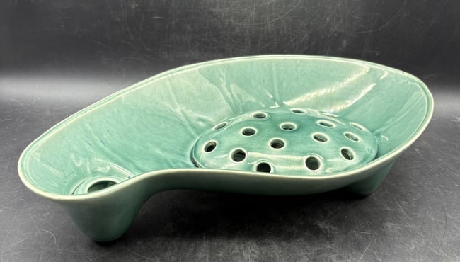 MCM BRUSH MCCOY TEAL FLOWER FROG & CANDLE HOLDER CONSOLE FOOTED CENTERPIECE BOWL (1 of 8)