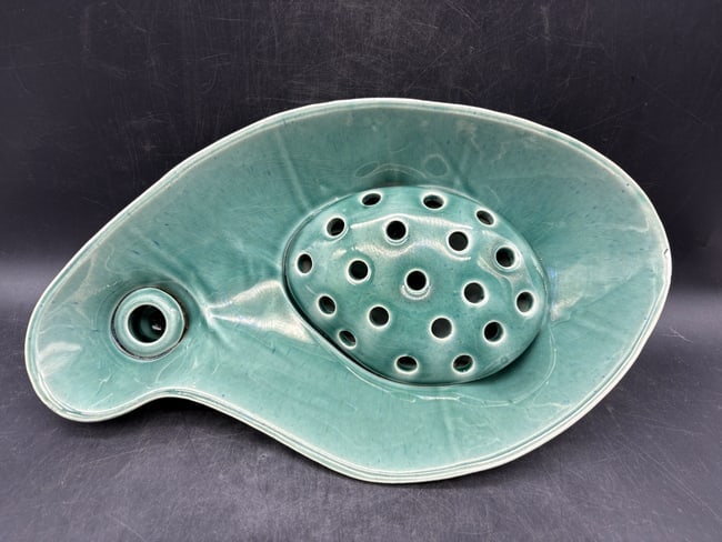 MCM BRUSH MCCOY TEAL FLOWER FROG & CANDLE HOLDER CONSOLE FOOTED CENTERPIECE BOWL - 2