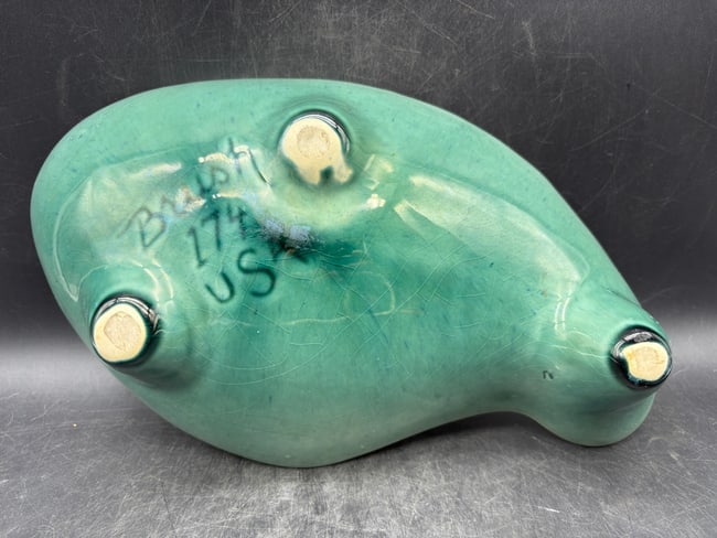 MCM BRUSH MCCOY TEAL FLOWER FROG & CANDLE HOLDER CONSOLE FOOTED CENTERPIECE BOWL - 3