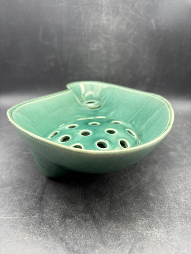 MCM BRUSH MCCOY TEAL FLOWER FROG & CANDLE HOLDER CONSOLE FOOTED CENTERPIECE BOWL - 5