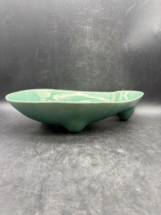 MCM BRUSH MCCOY TEAL FLOWER FROG & CANDLE HOLDER CONSOLE FOOTED CENTERPIECE BOWL - 6