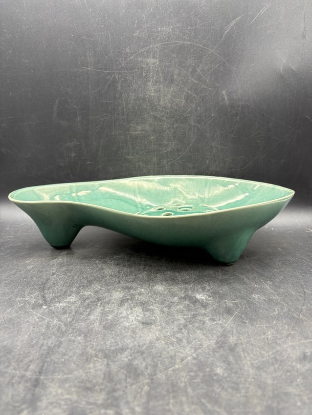 MCM BRUSH MCCOY TEAL FLOWER FROG & CANDLE HOLDER CONSOLE FOOTED CENTERPIECE BOWL - 8