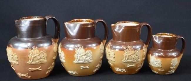 Antique Doulton Lambeth England Pottery Harvest Stag Hunt - 4 Graduated Pitchers: Date/Period: unknown Dimension: tallest about 6" tall to smallest about 3" tall Material: pottery Additional Information: Antique Doulton Lambeth England Pottery Harvest Stag Hunt - 4 Graduated
