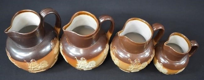 Antique Doulton Lambeth England Pottery Harvest Stag Hunt - 4 Graduated Pitchers - 2