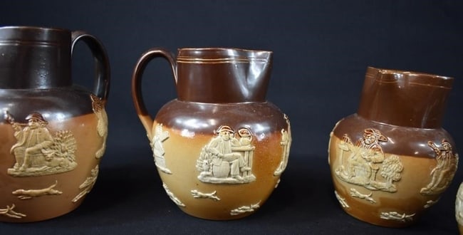 Antique Doulton Lambeth England Pottery Harvest Stag Hunt - 4 Graduated Pitchers - 4
