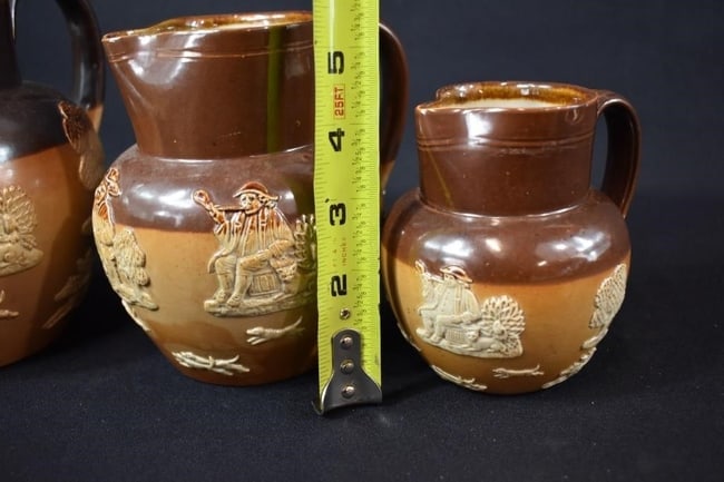 Antique Doulton Lambeth England Pottery Harvest Stag Hunt - 4 Graduated Pitchers - 7