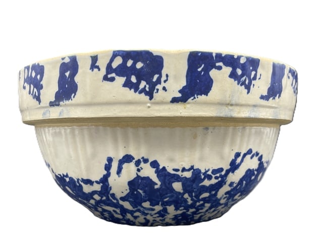 Antique Blue & White Spongeware Stoneware Salt Glazed Mixing Bowl Crock: Date/Period: unknown Dimension: Approx. 8.5 x 4.25 Material: pottery Additional Information: Antique Blue & White Spongeware Stoneware Salt Glazed Mixing Bowl Crock Shipping: Domestic: Flat-rate of $1