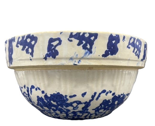 Antique Blue & White Spongeware Stoneware Salt Glazed Mixing Bowl Crock - 3
