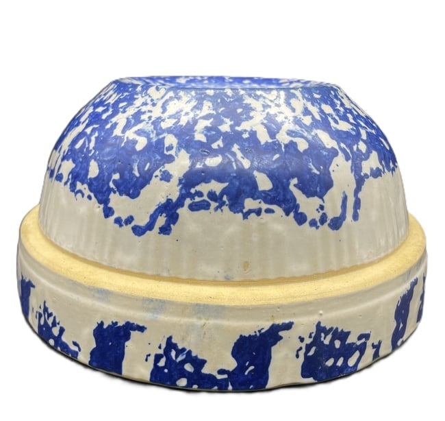 Antique Blue & White Spongeware Stoneware Salt Glazed Mixing Bowl Crock - 5