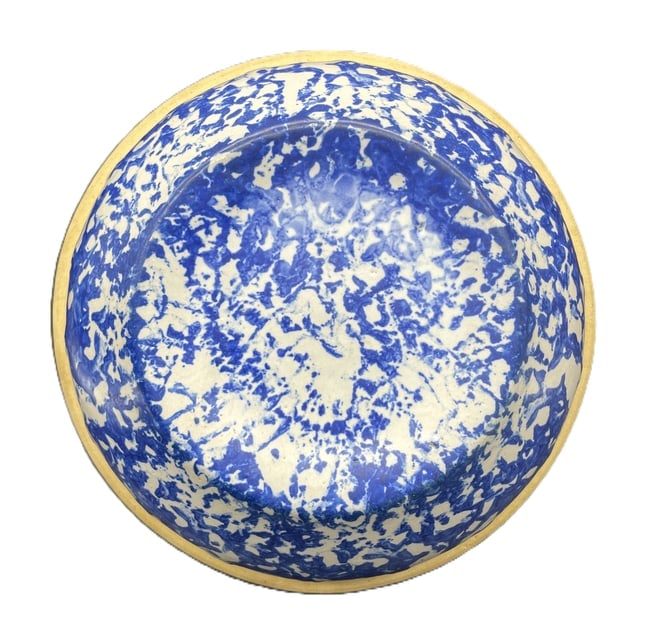 Antique Blue & White Spongeware Stoneware Salt Glazed Mixing Bowl Crock - 6