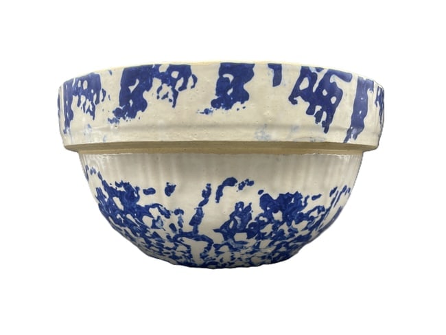 Antique Blue & White Spongeware Stoneware Salt Glazed Mixing Bowl Crock - 7