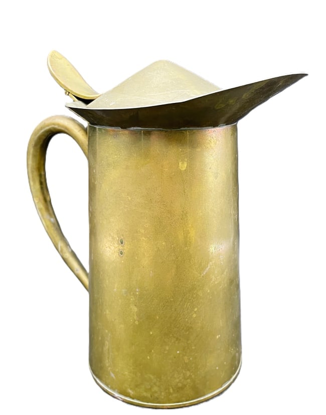 PRIMITIVE Frothing Milk PITCHER Hinged Lid Japan: Date/Period: unknown Dimension: Approx. 8.5" x 8.5" x 4.5" Material: copper. Tin Additional Information: Rustic PRIMITIVE Metal Tinned Copper PITCHER Hinged Lid. Made in Japan Shipping: Domestic: Flat