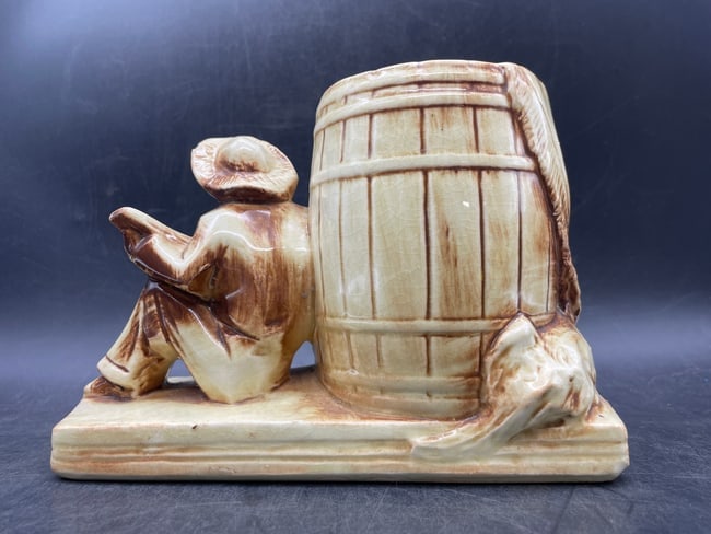 Vintage McCoy Pottery Calypso Line Man & Dog Barrel Ceramic Planter Vase - 4