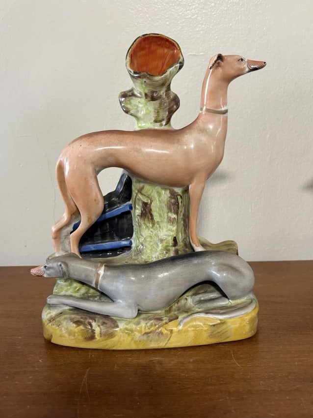 Rare Staffordshire Whippets Spill Vase: It measures 10 3/4" high x 9" x 2 1/2" and dates around the 1880's. It has no chips, cracks or repairs. It is a rare form in staffordshire spill vases Shipping: Domestic: Flat-rate of $15.00 to
