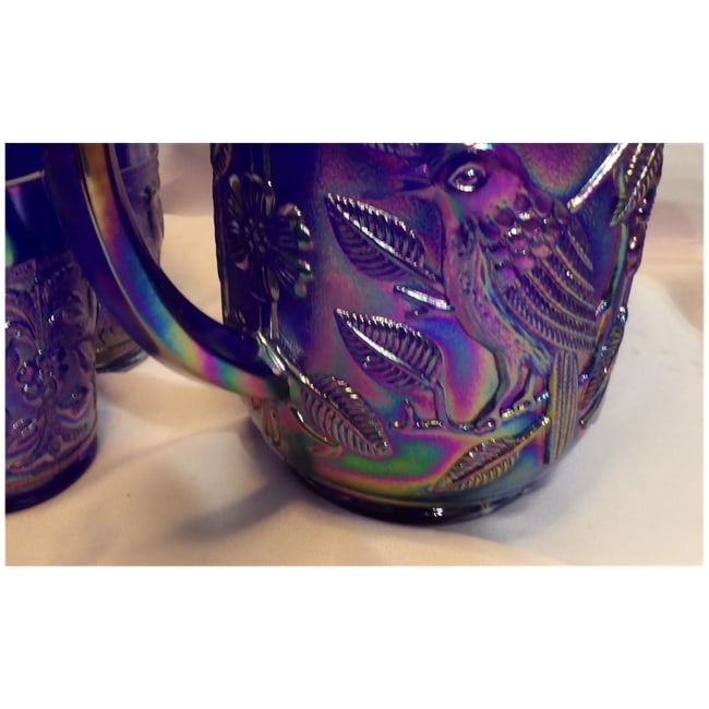 Imperial Glass Aurora Jewels Cobalt Blue Carnival Glass Robin's Water Pitcher and 5 Tumblers - 9