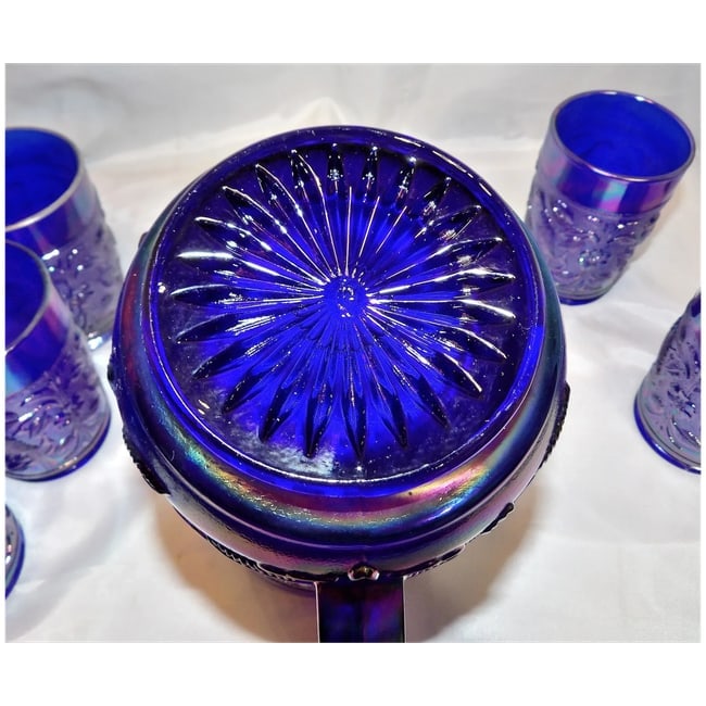 Imperial Glass Aurora Jewels Cobalt Blue Carnival Glass Robin's Water Pitcher and 5 Tumblers - 10