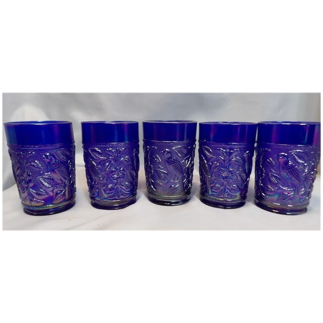 Imperial Glass Aurora Jewels Cobalt Blue Carnival Glass Robin's Water Pitcher and 5 Tumblers - 11
