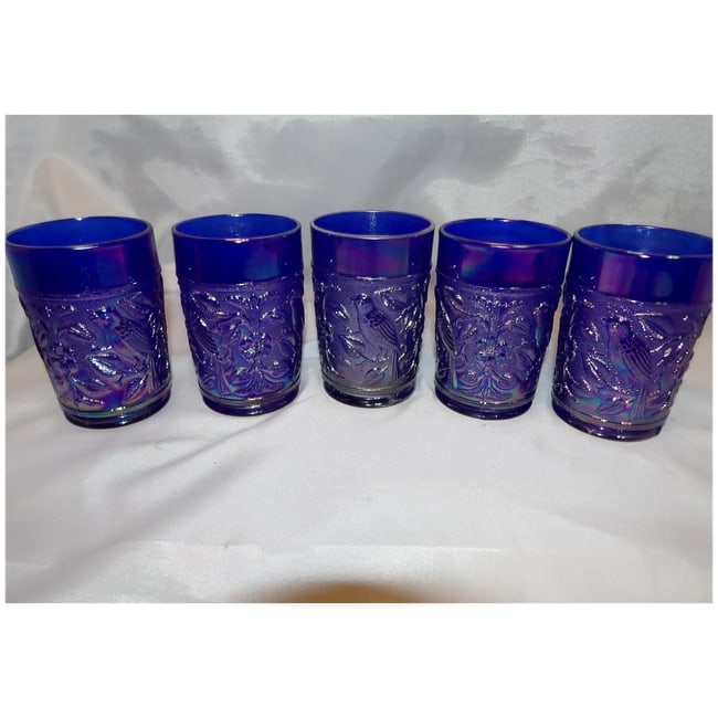 Imperial Glass Aurora Jewels Cobalt Blue Carnival Glass Robin's Water Pitcher and 5 Tumblers - 12