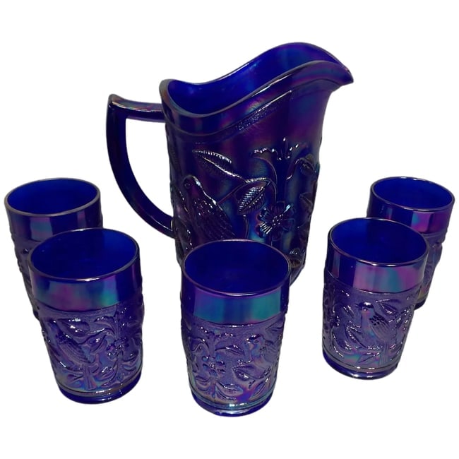 Imperial Glass Aurora Jewels Cobalt Blue Carnival Glass Robin's Water Pitcher and 5 Tumblers: This Imperial Glass Aurora Jewels Cobalt Blue Carnival Glass Robin's Water Pitcher and 5 Tumblers is a difficult set to find. It was produced between 1970-72 making it fairly rare. It is one of the