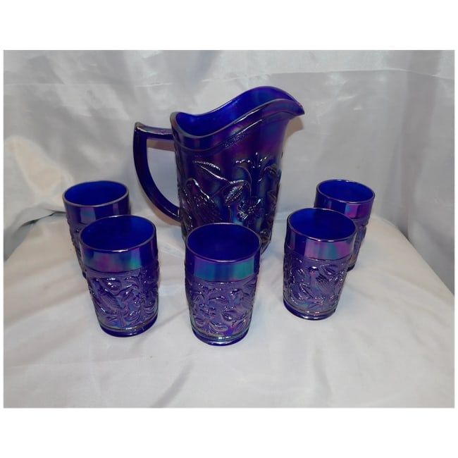 Imperial Glass Aurora Jewels Cobalt Blue Carnival Glass Robin's Water Pitcher and 5 Tumblers - 2