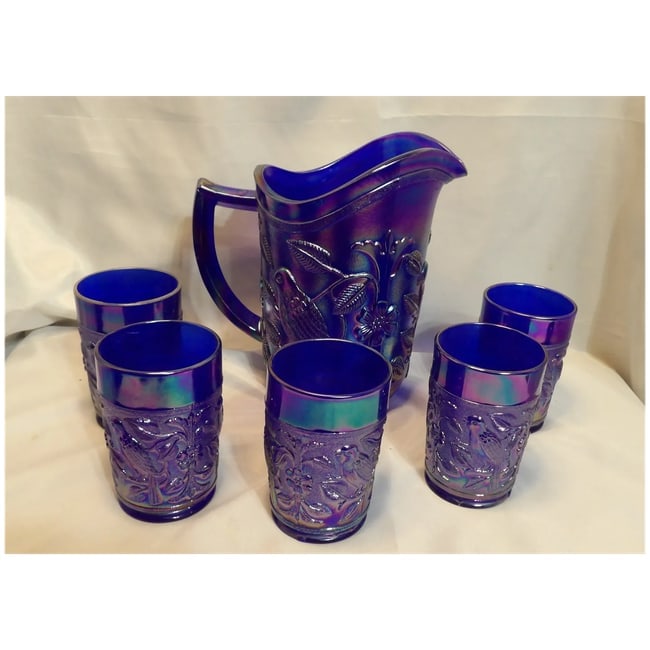 Imperial Glass Aurora Jewels Cobalt Blue Carnival Glass Robin's Water Pitcher and 5 Tumblers - 3