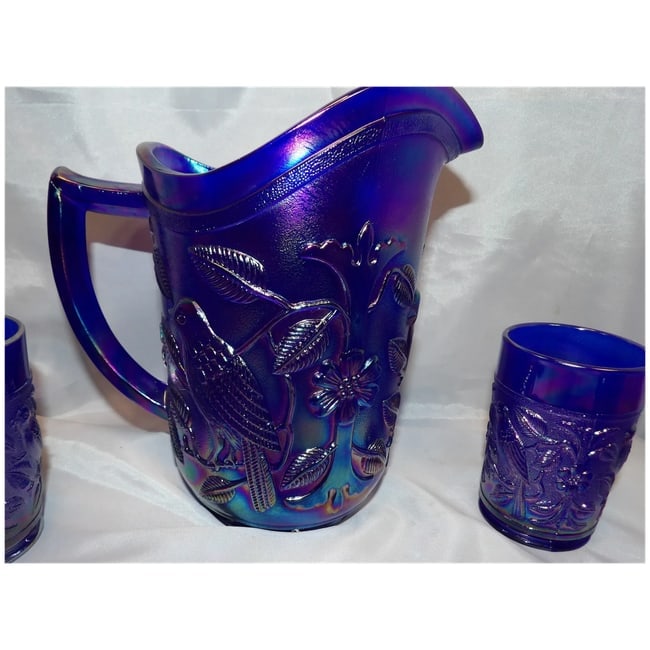 Imperial Glass Aurora Jewels Cobalt Blue Carnival Glass Robin's Water Pitcher and 5 Tumblers - 4