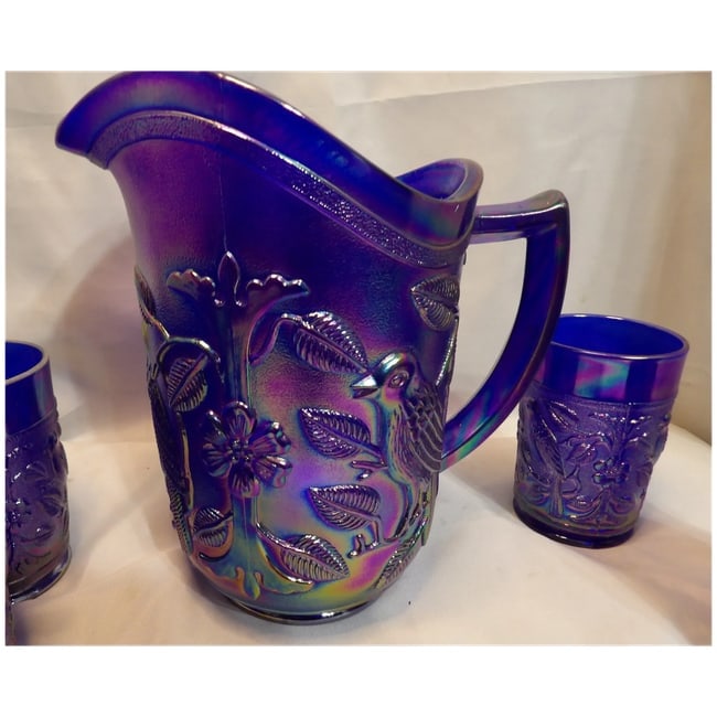 Imperial Glass Aurora Jewels Cobalt Blue Carnival Glass Robin's Water Pitcher and 5 Tumblers - 6