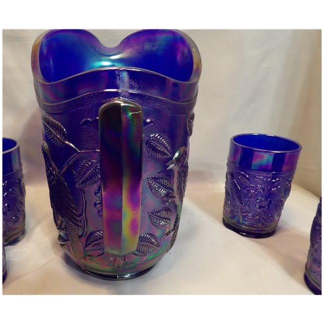 Imperial Glass Aurora Jewels Cobalt Blue Carnival Glass Robin's Water Pitcher and 5 Tumblers - 7