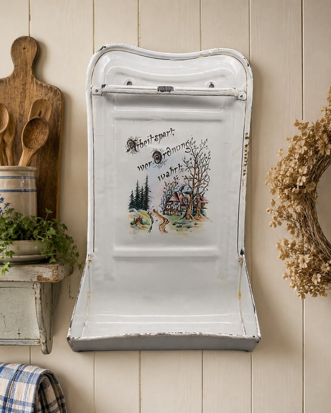 Antique German Enamelware Wall Utensil Holder w/ Scenic Cottage & "Arbeit Spart" Motto c.1930s (1 of 8)