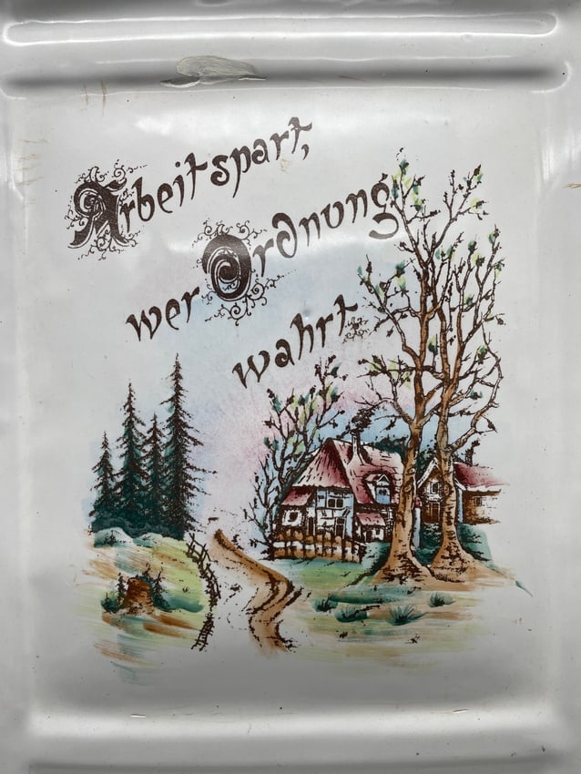 Antique German Enamelware Wall Utensil Holder w/ Scenic Cottage & "Arbeit Spart" Motto c.1930s - 2