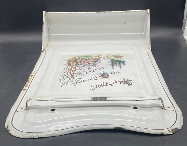 Antique German Enamelware Wall Utensil Holder w/ Scenic Cottage & "Arbeit Spart" Motto c.1930s - 3