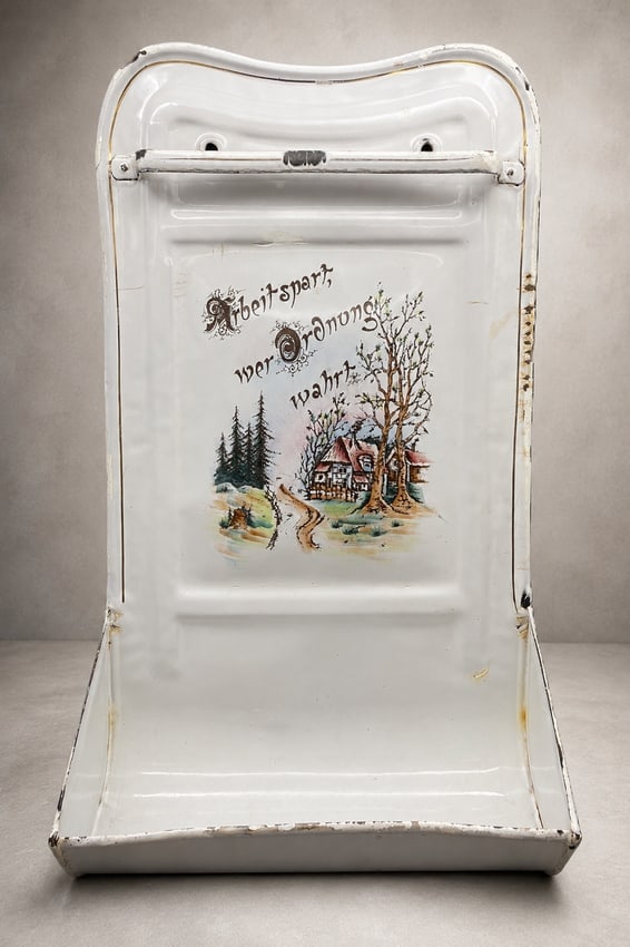 Antique German Enamelware Wall Utensil Holder w/ Scenic Cottage & "Arbeit Spart" Motto c.1930s - 8